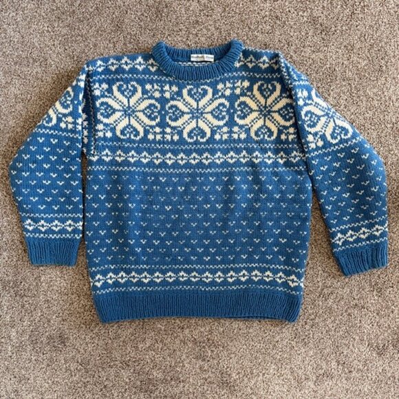 Vintage NORWEGIAN Wool Pullover Blue White Sweater XL - Picture 2 of 11